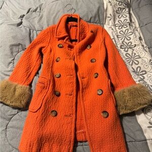 Orange Double-Breasted Coat with Faux Fur Cuffs